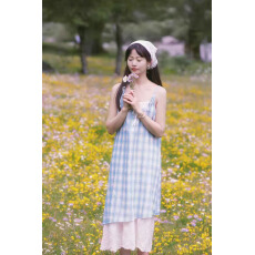 批发海边绝美蓝色格子吊带<b class='q'>连衣裙</b>长款独特绝美小裙子2026夏天显瘦长裙