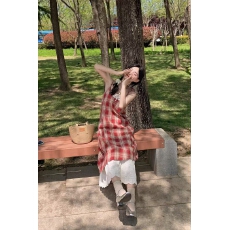 批发度假风系带格纹吊带<b class='q'>连衣裙</b>女夏季新款<b class='q'>假两件</b>撞色拼接气质中长裙子