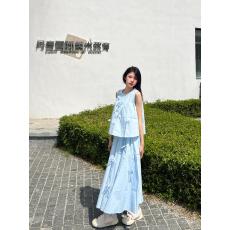 批发春夏季高腰半身裙A字裙气质两件套立体蝴蝶结设计感蓝色背心女装