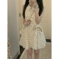 批发夏季新款娃娃领<b class='q'>无袖</b>系带裙超好看法式碎花<b class='q'>连衣裙</b>收腰显瘦流行女装