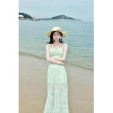 批发2026款提花设计女装夏季法式度假风收腰<b class='q'>显瘦</b>气质绿色超好看女长裙