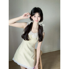 批发女夏季收腰<b class='q'>显瘦</b>富家千金风黄色女短裙娃娃领超好看女生可爱感裙子