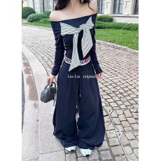 批发LiuLiu美式条纹拼接一字肩套头长袖<b class='q'>T</b><b class='q'>恤</b>+<b class='q'>裤</b>子套<b class='q'>装</b>