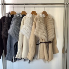 批发嗲精小奶狐 真狐狸毛皮草拼接针织外套大衣