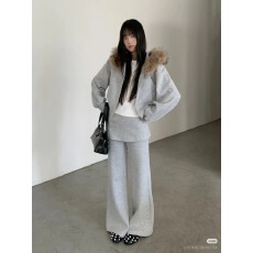 批发毛领连帽加绒加厚宽松拉链卫衣+假两件拼接卫<b class='q'>裤</b>子两件套