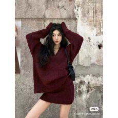 批发<b class='q'>冬</b>季新款韩版新年圣诞V领显瘦羊卷毛针织毛线时尚套装