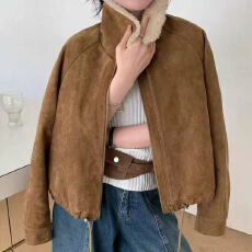 批发2025秋冬新款韩版宽松羊羔毛翻领麂皮绒<b class='q'>短</b><b class='q'>外套女</b>夹棉加厚夹克上衣