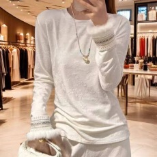 批发2025新款优雅水貂毛拼接长袖T恤女百搭修身<b class='q'>高级</b>感打底衫内搭上衣