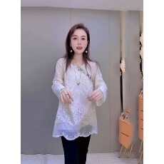 批发新中式时尚气质蕾丝衫<b class='q'>女长袖</b>新品刺绣钉珠宽松显瘦中长款国风上衣