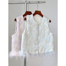 批发绝美粉色<b class='q'>高级</b>感气质新中式马甲鸵鸟毛真毛外穿上衣日常轻国风背心