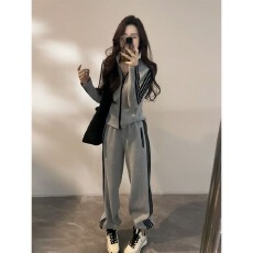 批发<b class='q'>高级</b>灰四条杠运动套装女2025秋冬正肩显瘦百搭卫衣卫裤两件套