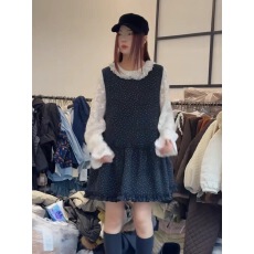 批发法式复古甜美减龄衬衫背心裙两件套女叠穿连衣裙套装