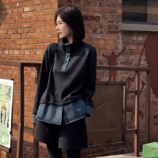 批发设计款拼接<b class='q'>牛仔</b>立领假两件<b class='q'>上衣</b>2025秋冬潮流百搭休闲长袖<b class='q'>上衣</b>女