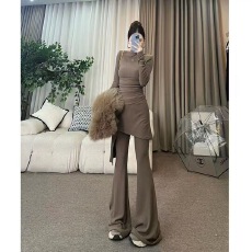 批发新款复古时尚长袖修身褶皱<b class='q'>上衣</b>+不规则屁帘微喇<b class='q'>裤</b>百搭两件套