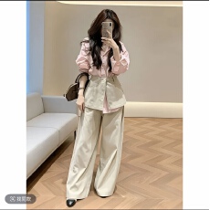 早春氛围感穿搭韩系ins风Polo领粉色衬衫高腰屁帘阔腿裤时尚套装