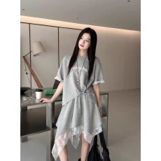批发韩系时尚套<b class='q'>装</b>女26夏季新款圆领字母刺绣上衣蕾丝拼接半身裙两件套