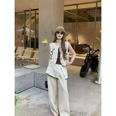 批发两件套圆领无袖天丝<b class='q'>亚麻</b>刺绣马夹背心<b class='q'>外套</b>屁帘直筒裤女