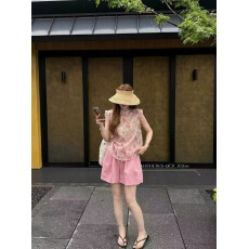批发小个子立领印花飞飞袖衬衫上衣+短裤两件套女2026<b class='q'>夏</b>季新款套装潮