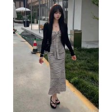 批发慵懒韩系 针织长款外搭罩衫凉感薄开衫<b class='q'>条纹</b>修身吊带<b class='q'>裙</b>