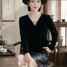 批发2026秋季新款设计感黑色V领长袖内搭外穿百搭打底衫丝绒上衣女