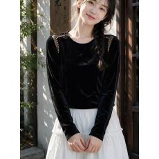 批发秋季新款法式重工钉珠丝绒长袖<b class='q'>T</b><b class='q'>恤</b>女黑色高级感宽松上衣复古风