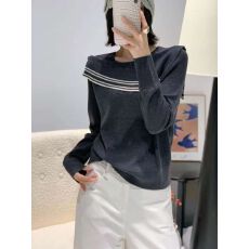 批发【包芯纱洗水】轻熟风一字露肩撞色条纹翻领针织衫秋冬打底上衣