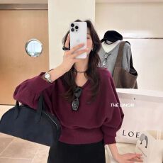 批发韩版设计感蝙蝠袖针织衫女气质<b class='q'>宽松</b>百搭绑带毛衣上衣