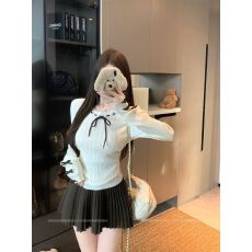 批发蝴蝶结绞花修身针织衫长袖上衣女