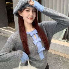 批发韩版圆领蝴蝶结镂空针织衫女2025秋冬宽松显瘦轻熟风打底衫上衣潮