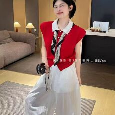 批发韩版显瘦洋气Polo领冰丝针织衫背心女单排扣简约小衫配丝巾