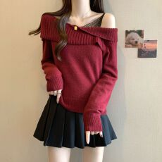 批发蕾丝拼接假两件斜肩<b class='q'>针织</b>衫女秋季慵懒小众气质毛衣