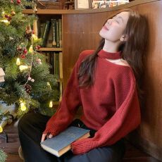 批发韩版复古斜肩长袖<b class='q'>针织</b>衫春秋季宽松慵懒风露肩<b class='q'>上衣</b>