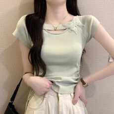 批发针织短袖t恤女2025夏季新款爆款清纯掐腰短款抽绳冰丝上衣小个子