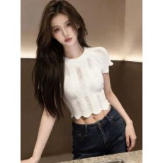 批发辣妹风白色镂空针织波浪边短袖T恤女2026新款夏季短款设计感上衣