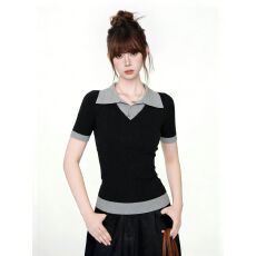 批发韩系撞色POLO翻领正肩短袖针织衫2026夏季修身显瘦时尚假两件上衣