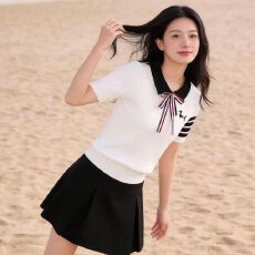 学院风小狗撞色麻花刺绣蝴蝶结翻领短袖针织衫上衣