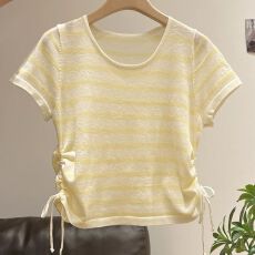 奶黄色条纹短袖针织t恤女2025年夏季设计感小众褶皱收腰显瘦上…