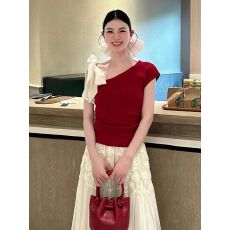 法式暗恋温柔蝴蝶结绑带斜肩针织衫短袖2025夏季纯欲露肩上衣