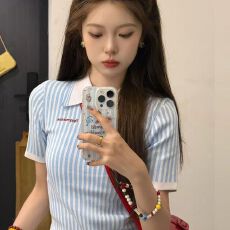 批发小个子蓝色竖条纹短袖POLO衫针织女夏季修身百搭正肩上衣