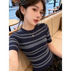 批发韩系藏青色条纹针织短袖T恤女夏季独特漂亮巨好看设计感修身上衣