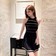批发张元英同款镂空条纹修身裙子女立体加密螺纹针织拼接<b class='q'>欧根纱</b>连衣裙