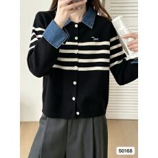 2026学院风牛仔拼接条纹针织衫假两件长袖开衫