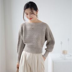 批发秋冬一字领毛衣女外穿慵懒风<b class='q'>短</b>款宽松套头蝙蝠袖麻花针织衫收腰厚
