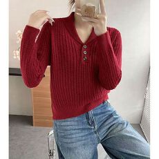 批发老钱风麻花针织<b class='q'>衫</b>女2026春秋V领纽扣套头翻领毛衣气质显瘦上衣潮