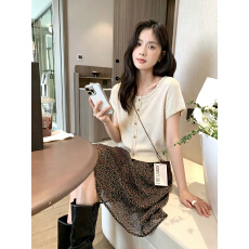 韩式米杏色花边冰丝针织短袖T恤女夏季薄款小上衣亚麻