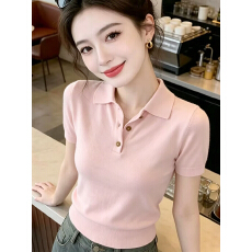 批发韩版简约风Polo领针织短袖t恤女夏季新款半开领显瘦气质正肩上衣