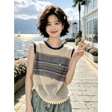 批发通勤风撞色条纹镂空针织无袖背心女夏外穿2026新款漂亮冷淡系上衣