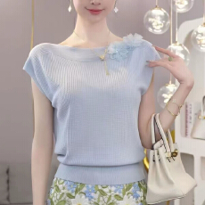 批发花朵拼接短袖<b class='q'>针织衫</b>T恤女2026夏季新款气质<b class='q'>中年</b>女装 冰爽丝