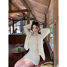 批发慵懒风镂空针织开衫吊带上衣女高腰显瘦宽松休闲裤设计感三件套装