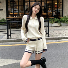批发撞色针织套装女秋冬气质<b class='q'>休闲</b>运动风高尔夫网球服两件套毛衣配短裤
